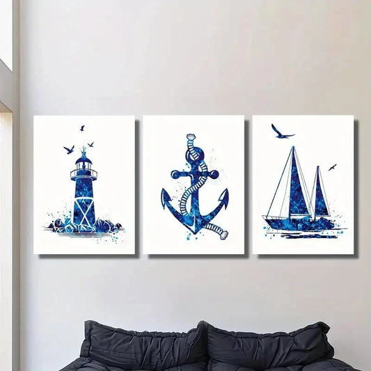 3pcs Navy blue watercolor print, lighthouse sail  Metal Print Ready to Hang Art
