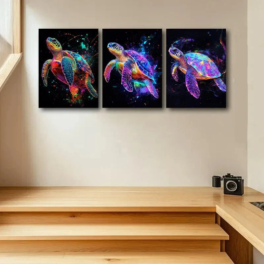3pcs Colorful Turtle Design Metal Print Ready to Hang Art