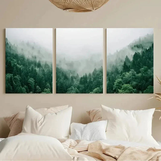 3pcs Serene Forest & Misty Peaks Mountain Metal Print Ready to Hang Art
