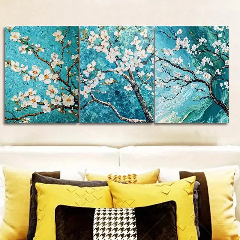 3pcs Green And White Blossoming Almond Trees Metal Print Ready to Hang Art