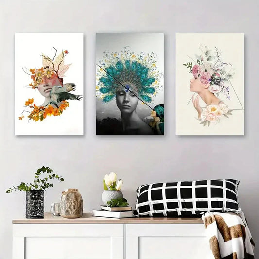 3pcs Floral & Feathers Woman Portrait Birds Metal Print Ready to Hang Art