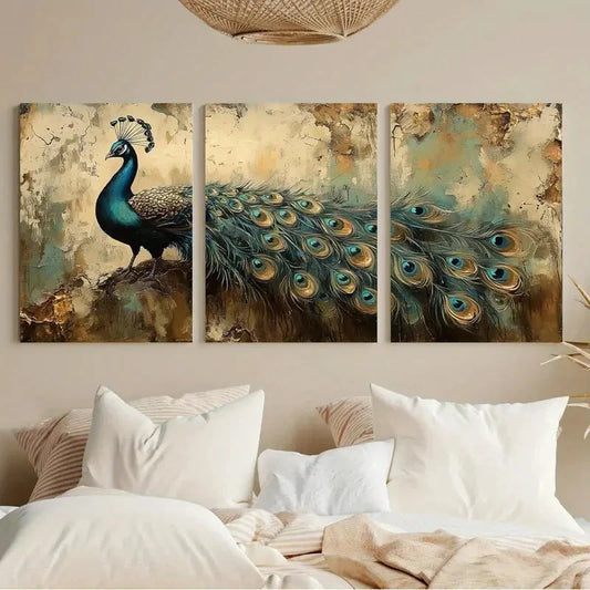 3pcs Vintage Peacock Design Large Metal Print Ready to Hang Art