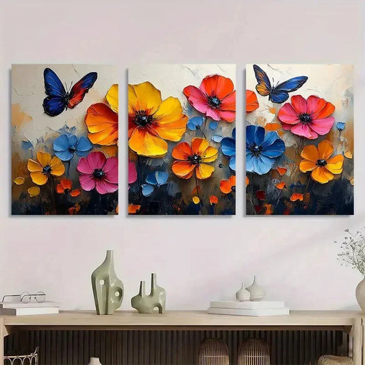 3pcs Vibrant Floral & Butterfly Modern Abstract Metal Print Ready to Hang Art