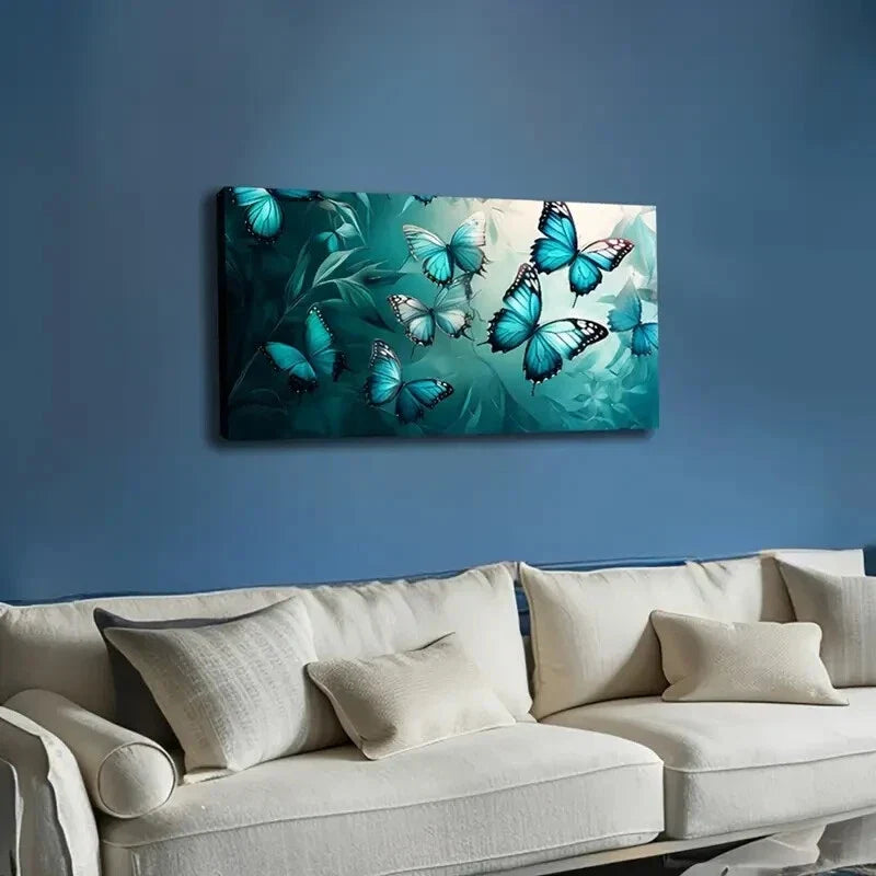 Blue Black Butterflies Foliage Wall Art Canvas Office Home Room Framed 120x60cm