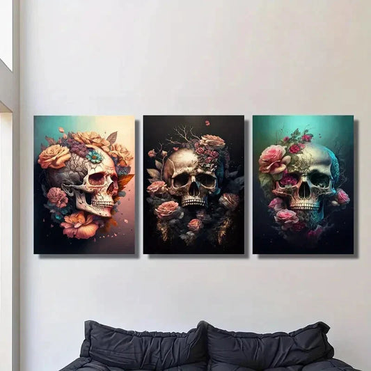 3pcs Skull and Roses Fantasy Flowers Metal Print Ready to Hang Art