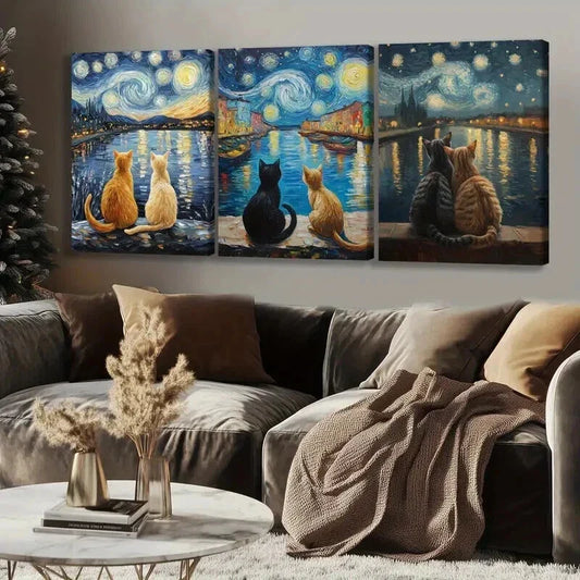 3pcs Cats Gazing at Night Starry Sky Wall Art Set Canvas Framed 40x60cm - High Quality Print 100% Australian Made Wall Canvas Ready to Hang