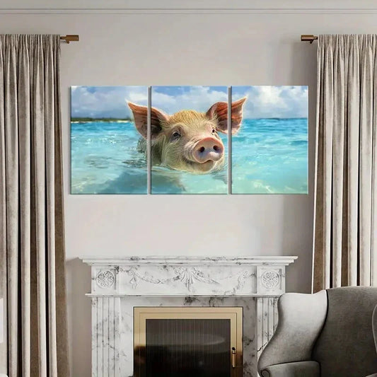 3pcs Playful Pig Swimming in Ocean Metal Print Ready to Hang Art