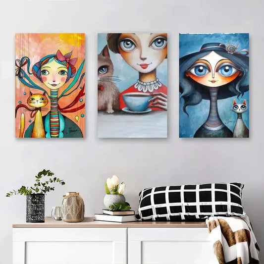 3pcs Colorful Abstract Characters with Whimsical Metal Print Ready to Hang Art