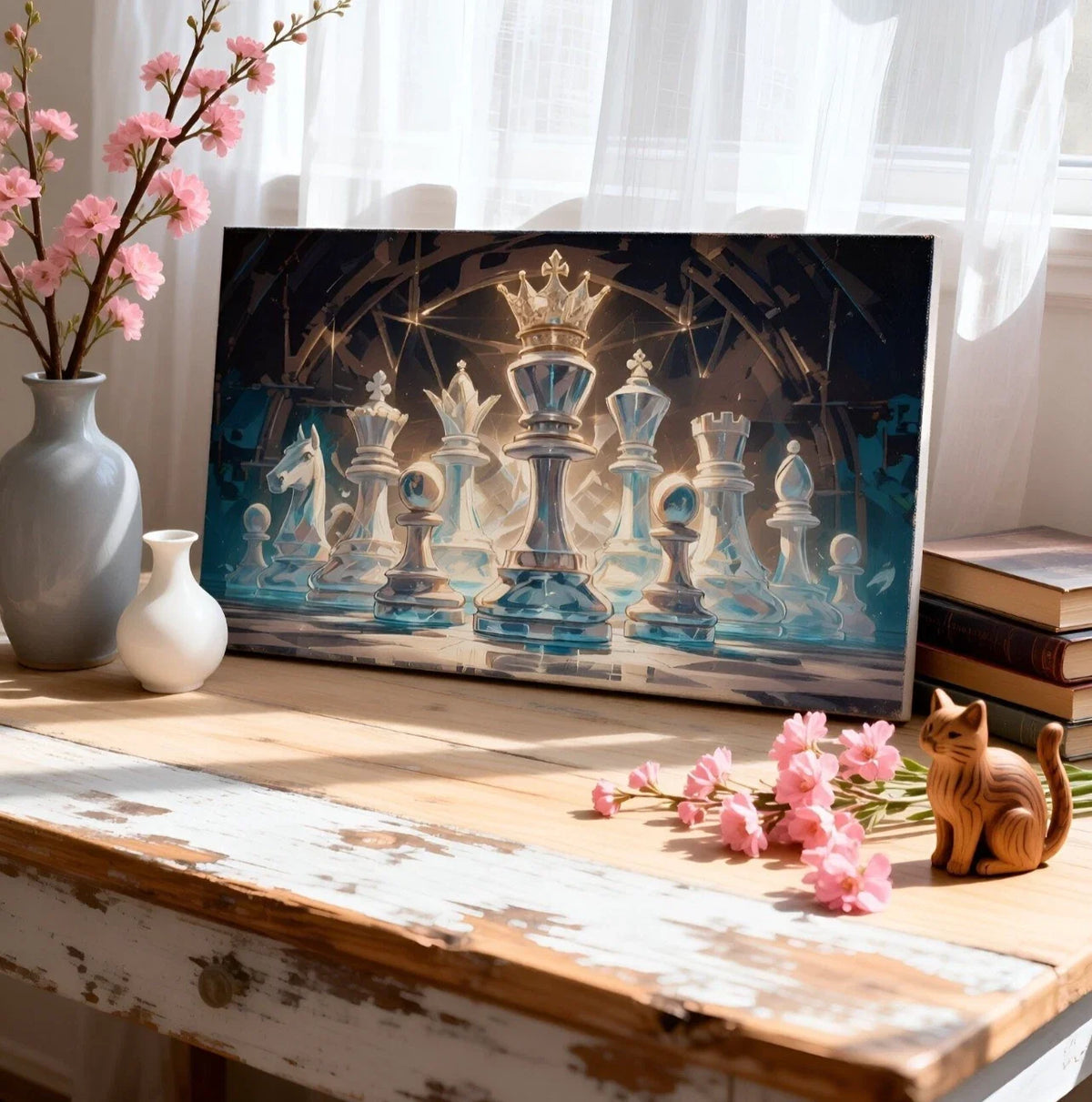 Glowing Glass Chess Pieces Modern Wall Art Canvas Office Home Framed 120x60cm