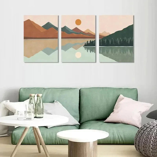3pcs  Abstract Sun Mountain Forest Lake  Metal Print Ready to Hang Art