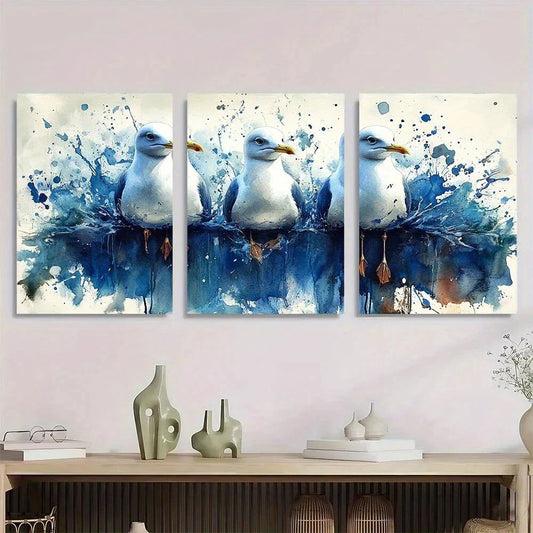 3pcs Whimsical Seagull White Blue Metal Print Ready to Hang Art