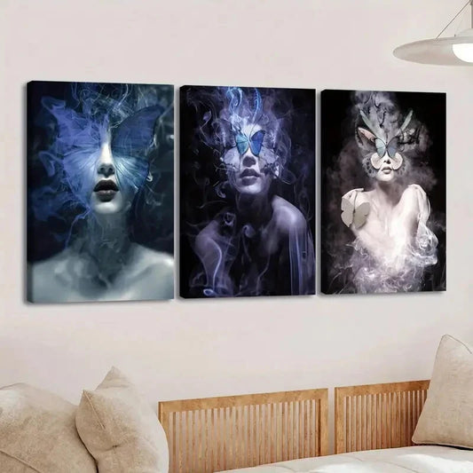 3pcs Abstract Figure Blue Butterfly Black White Wall Art Set Canvas Framed 40x60cm - High Quality Print 100% Australian Made Wall Canvas Ready to Hang