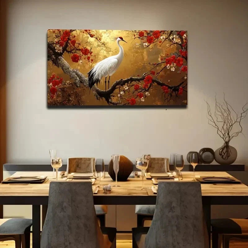 Golden Crane With Red Flowers Wall Art Canvas Office Home Room Framed 120x60cm