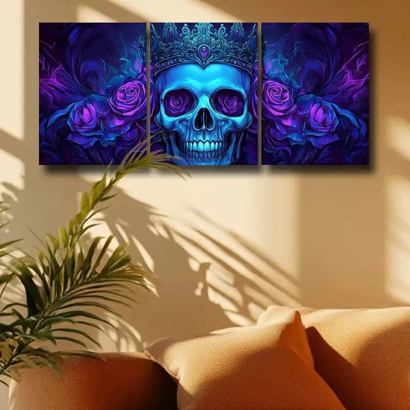 3pcs Gothic-Inspired Purple Roses & Blue Skull Metal Print Ready to Hang Art