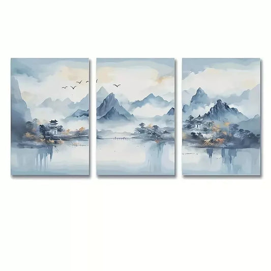 3pcs Modern Blue Abstract Mountain Murals Wall Art Set Canvas Framed 40x60cm - High Quality Print 100% Australian Made Wall Canvas Ready to Hang