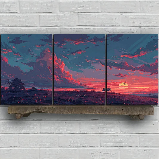 3pcs Sunset Grassland Dramatic Sky and Silhouette Metal Print Ready to Hang Art