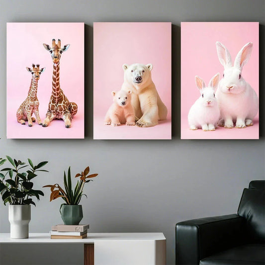 3pcs Animal Parent Child Abstract Paintings Metal Print Ready to Hang Art
