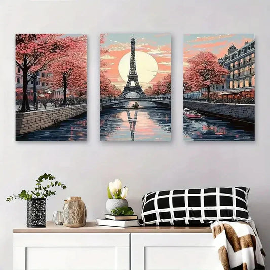 3pcs Paris Eiffel Tower Cherry Blossom Sunset Metal Print Ready to Hang Art