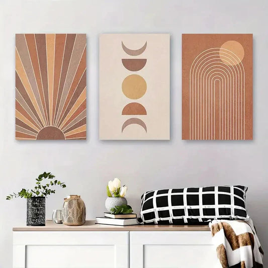3pcs Abstract Geometric Warm Tones and Minimalist Metal Print Ready to Hang Art
