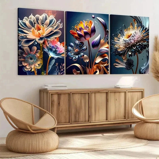 3pcs Modern Colourful Florals & Leaves Blue Gold Wall Art Set Canvas Framed 40x60cm - High Quality Print 100% Australian Made Wall Canvas Ready to Hang