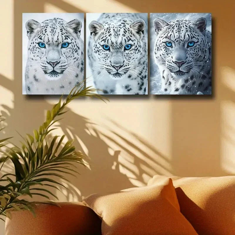 3pcs White Leopard with Blue Eyes Metal Print Ready to Hang Art