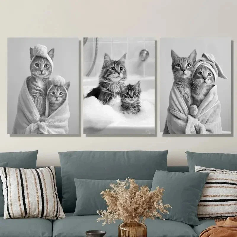 3pcs Adorable Black and White Cat Wall Art Set Canvas Framed 40x60cm - High Quality Print 100% Australian Made Wall Canvas Ready to Hang