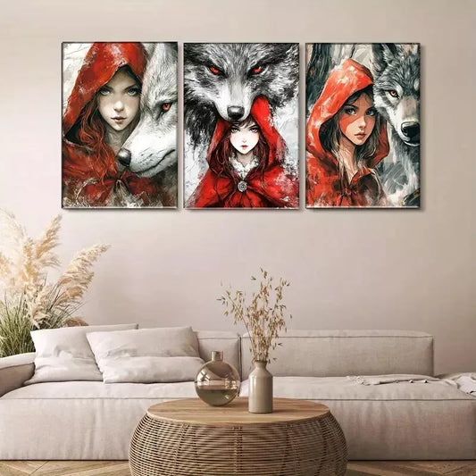 3pcs little Red Riding Hood and Wolves Triptych Wall Art Canvas Wall Art Set Canvas Framed 40x60cm - High Quality Print 100% Australian Made Wall Canvas Ready to Hang