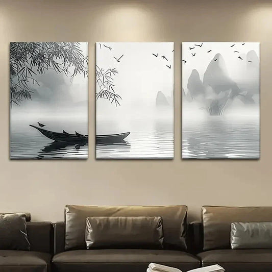 3pcs Tranquil Scenery Lake View Boat And Bird Metal Print Ready to Hang Art