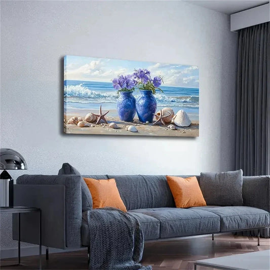 Beach Scene with Blue Vases Wall Art canvas office home room framed 120x60cm