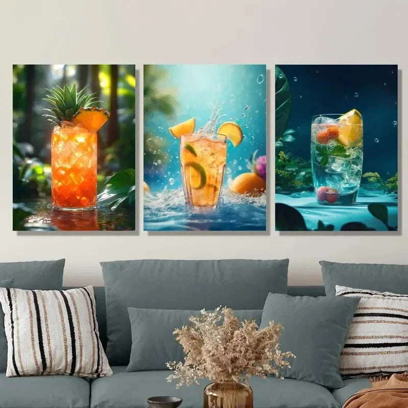 3pcs Vibrant Summer Drink Artwork, Fashionable Metal Print Ready to Hang Art
