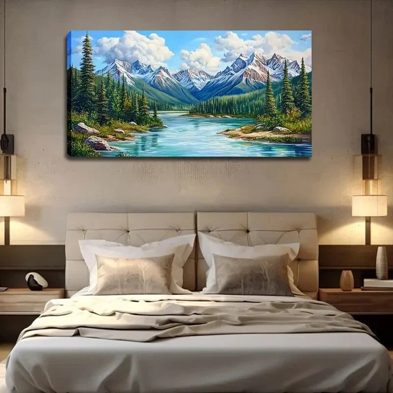 Serene River Landscape Snow Wall Art Canvas Office Home Room Framed 120x60cm