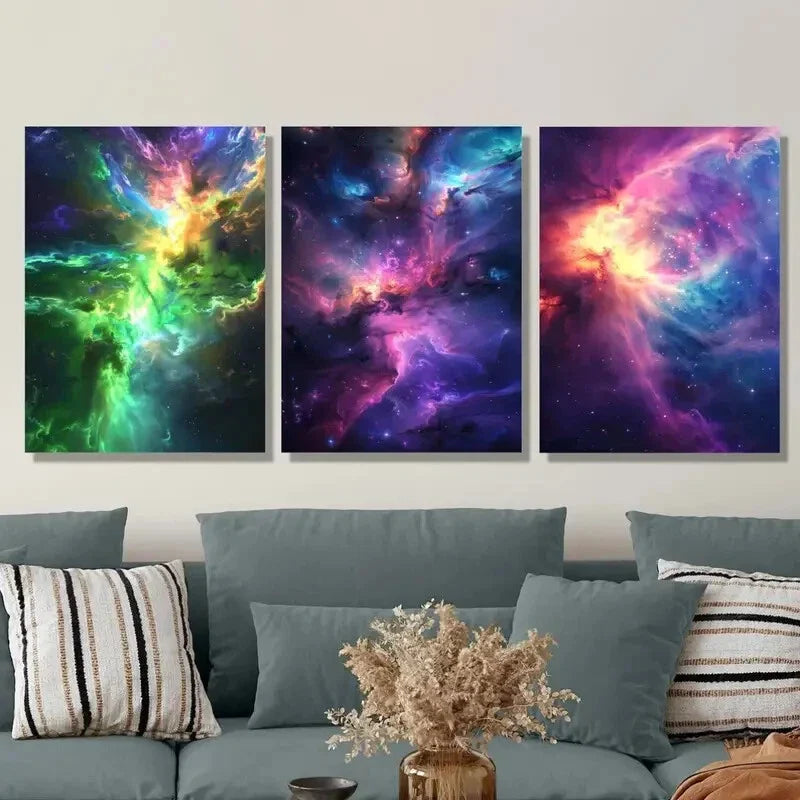 3pcs Fantasy Neon Nebula Portrait Metal Print Ready to Hang Art