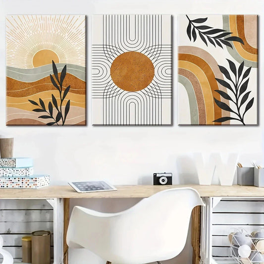 3pcs Modern Abstract Art Line Leaf Sun Metal Print Ready to Hang Art