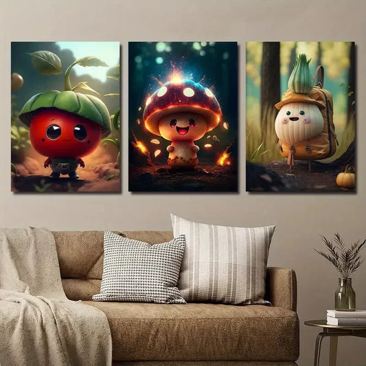 3pcs Funny Tomato Mushroom Onion Cartoon Metal Print Ready to Hang Art