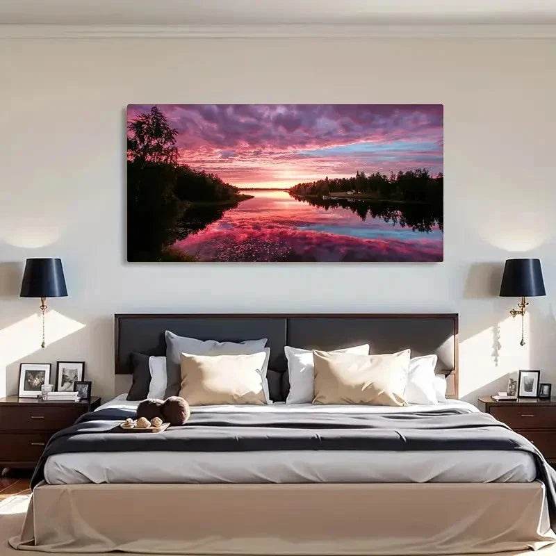 Serene Lake Reflection Purple Wall Art Canvas Office Home Room Framed 120x60cm