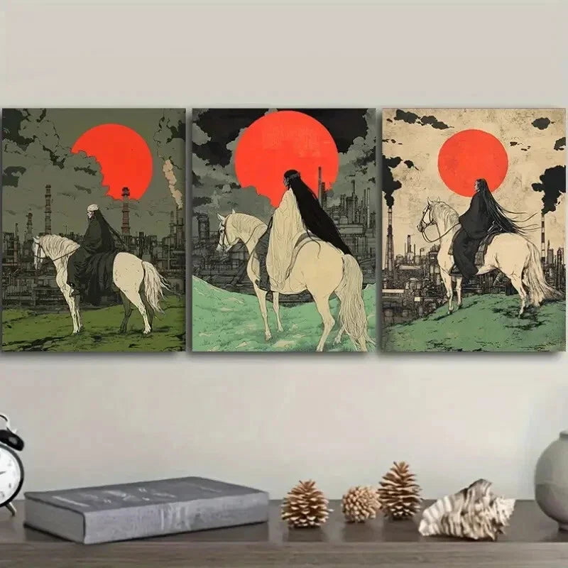 3pcs Red Sunset & White Horse Design Wall Art Set Canvas Framed 40x60cm - High Quality Print 100% Australian Made Wall Canvas Ready to Hang