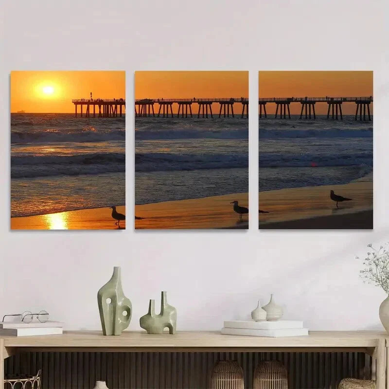 3pcs Sunset Beach Pier Triptych Vibrant Sunset Metal Print Ready to Hang Art