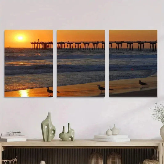 3pcs Sunset Beach Pier Triptych Vibrant Sunset Metal Print Ready to Hang Art