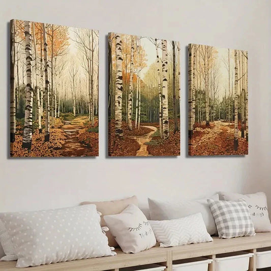 3pcs Autumnal Birch Trees & Fall Foliage Wall Art Set Canvas Framed 40x60cm - High Quality Print 100% Australian Made Wall Canvas Ready to Hang