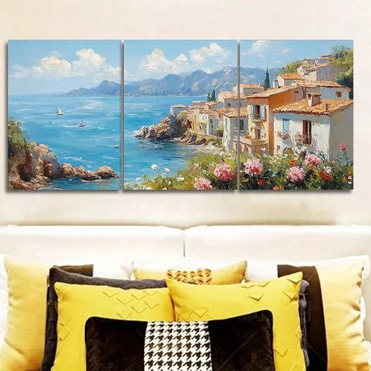 3pcs Coastal Village Nature  Wall Art Set Canvas Framed 40x60cm - High Quality Print 100% Australian Made Wall Canvas Ready to Hang