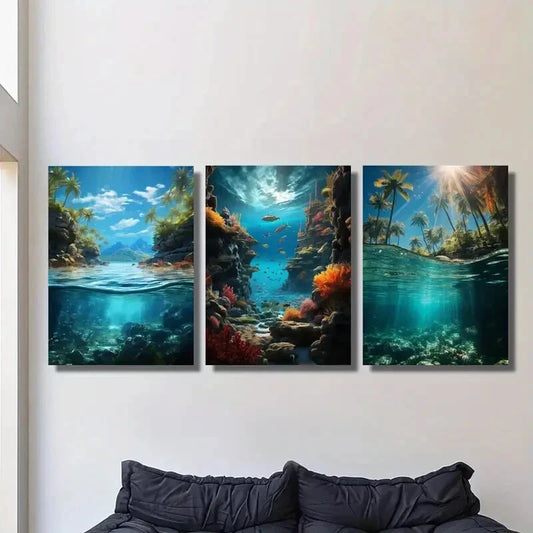 3pcs Tropical Island Paradise with Palm Trees Metal Print Ready to Hang Art