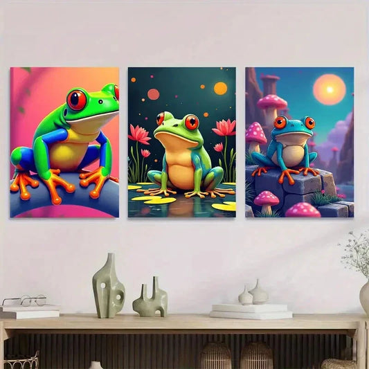 3pcs Colorful Frog Vibrant And Fun Picture Wall Art Set Canvas Framed 40x60cm - High Quality Print 100% Australian Made Wall Canvas Ready to Hang