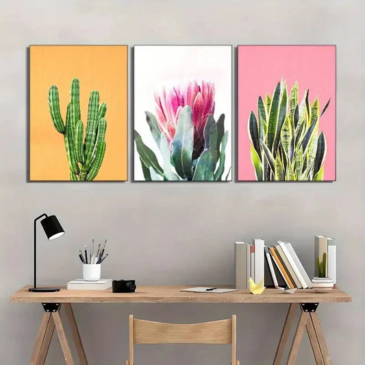 3pcs Environment Botanical Art Cactus Leaves Metal Print Ready to Hang Art