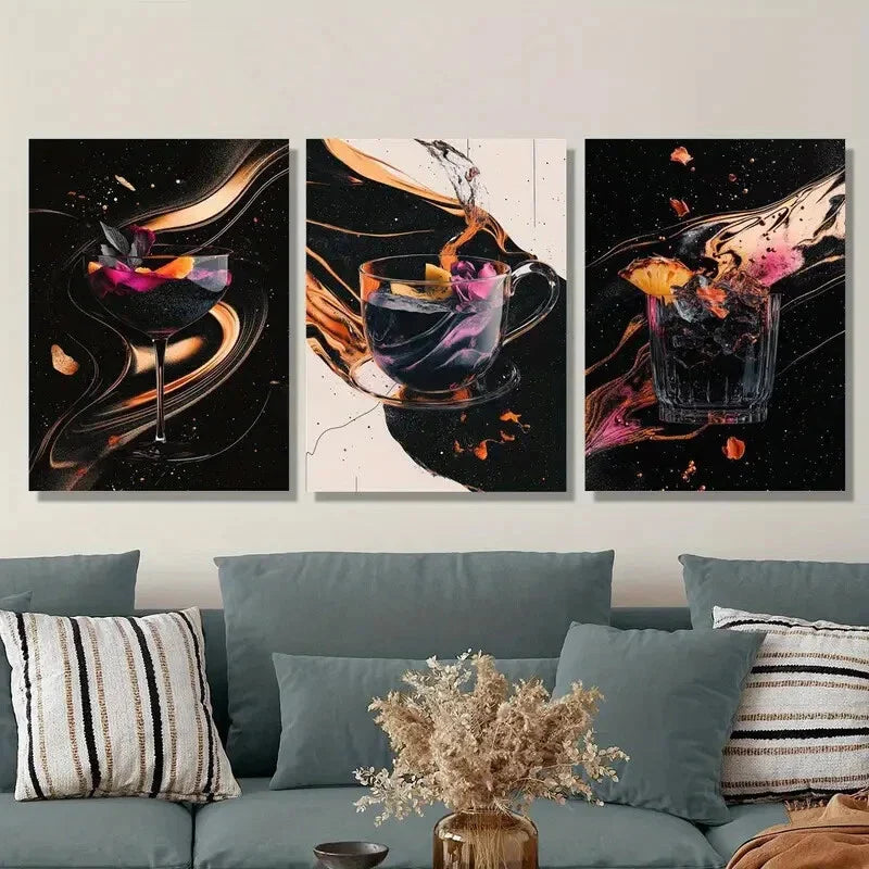 3pcs  Vibrant Cocktail & Wine Glass Designs, Metal Print Ready to Hang Art