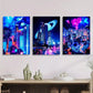 3pcs Sci-Fi City Night Scene with Neon Colors Metal Print Ready to Hang Art