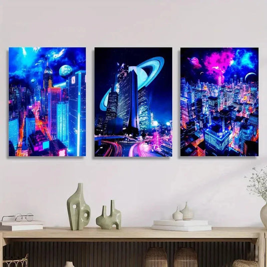 3pcs Sci-Fi City Night Scene with Neon Colors Metal Print Ready to Hang Art