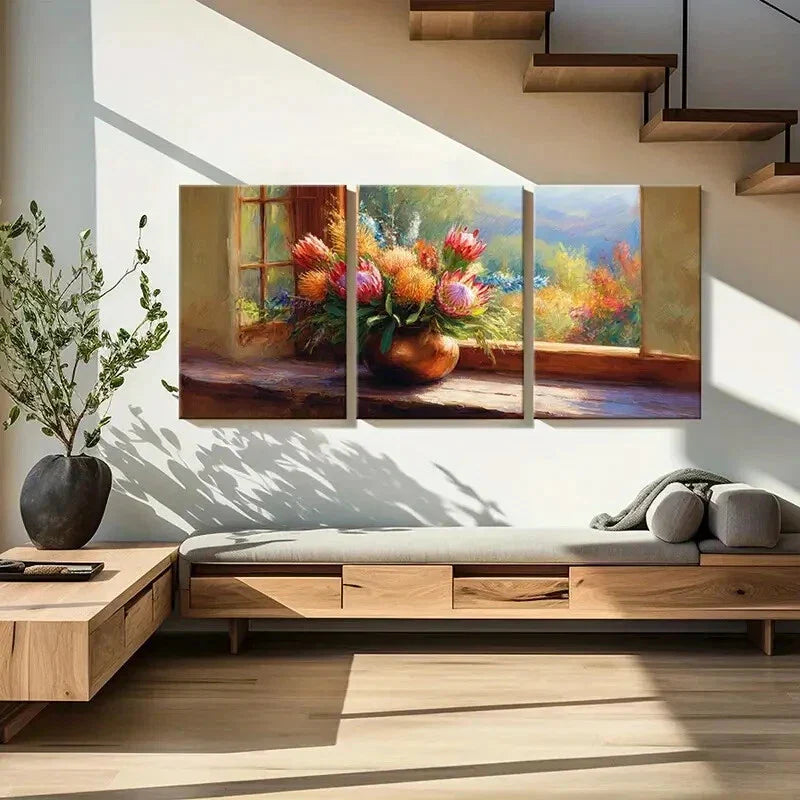 3pcs Vibrant Floral Arrangement Warm Sunlight Metal Print Ready to Hang Art