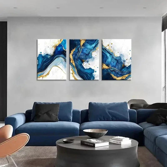 3pcs Blue Golden Abstract White Blue Golden  Metal Print Ready to Hang Art
