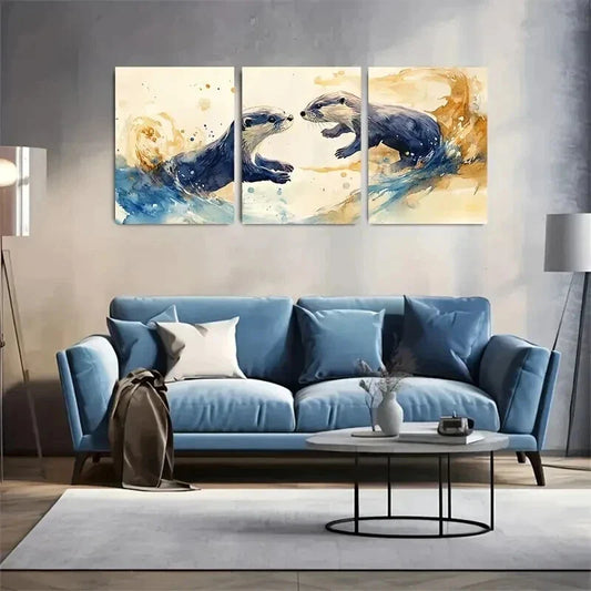 3pcs Summer Otters Playing in Indigo & Amber Wall Art Set Canvas Framed 40x60cm - High Quality Print 100% Australian Made Wall Canvas Ready to Hang