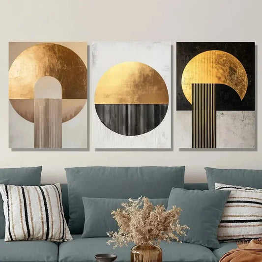 3pcs  Golden and Copper Geometric Abstract  Metal Print Ready to Hang Art